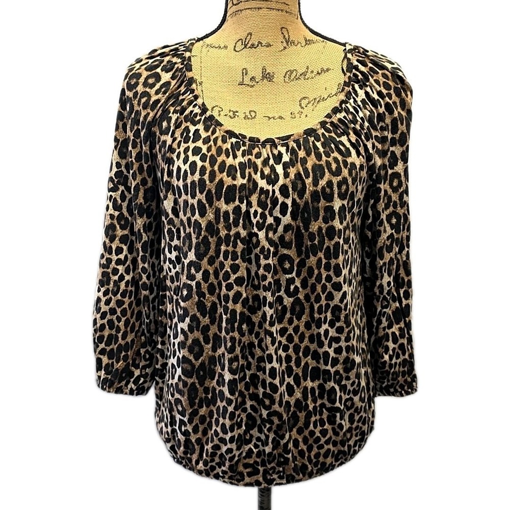 Michael Kors Leopard Print Peasant Top 3/4 Sleeve Scoop Neck Blouse sz S
